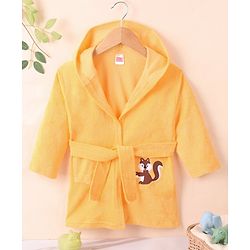 Babyhug Cotton Knit Full Sleeves Hooded Bath Robe Squirrel Patch - Yellow