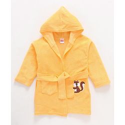 Babyhug Cotton Knit Full Sleeves Hooded Bath Robe Squirrel Patch - Yellow