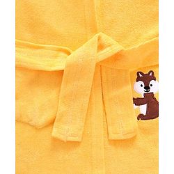 Babyhug Cotton Knit Full Sleeves Hooded Bath Robe Squirrel Patch - Yellow