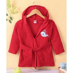 Babyhug Cotton Knit Full Sleeves Hooded Bath Robe Whale Patch -Red