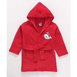 Babyhug Cotton Knit Full Sleeves Hooded Bath Robe Whale Patch -Red
