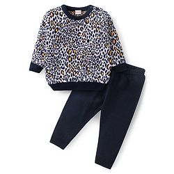 Babyhug Full Sleeves Sweater Set Leopard Design- Navy Blue & White