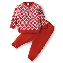 Babyhug Knit Full Sleeves Baby Sweater Set Argyle Design - Orange