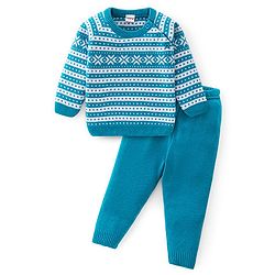 Babyhug Knitted Full Sleeves Anastasia Design Sweater Set - Aqua Blue