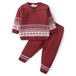 Babyhug Knitted Full Sleeves Sweater Set Floral Design - Red