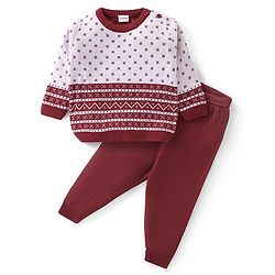 Babyhug Knitted Full Sleeves Sweater Set Floral Design - Red & White
