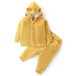 Babyhug Knitted Full Sleeves Solid Front Open Hooded Sweater & Pajama Set - Yellow