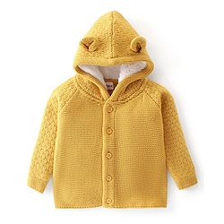Babyhug Knitted Full Sleeves Solid Front Open Hooded Sweater & Pajama Set - Yellow