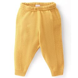 Babyhug Knitted Full Sleeves Solid Front Open Hooded Sweater & Pajama Set - Yellow