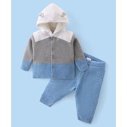 Babyhug Knit Full Sleeves Color Block Hooded Sweater Set - Grey & Blue