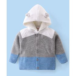 Babyhug Knit Full Sleeves Color Block Hooded Sweater Set - Grey & Blue