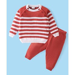 Babyhug Knitted Full Sleeves Sweater Set with Stripe Design - White & Red