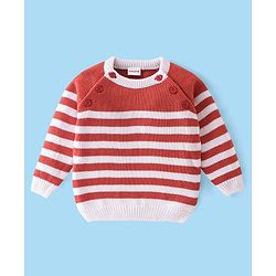 Babyhug Knitted Full Sleeves Sweater Set with Stripe Design - White & Red