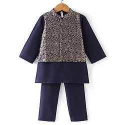 Babyhug 100% Cotton Woven Full Sleeves Kurta & Pyjama Set With Brocade Jacket Floral Print - Navy Blue