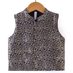 Babyhug 100% Cotton Woven Full Sleeves Kurta & Pyjama Set With Brocade Jacket Floral Print - Navy Blue