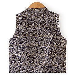 Babyhug 100% Cotton Woven Full Sleeves Kurta & Pyjama Set With Brocade Jacket Floral Print - Navy Blue