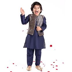 Babyhug 100% Cotton Woven Full Sleeves Kurta & Pyjama Set With Brocade Jacket Floral Print - Navy Blue
