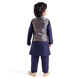 Babyhug 100% Cotton Woven Full Sleeves Kurta & Pyjama Set With Brocade Jacket Floral Print - Navy Blue