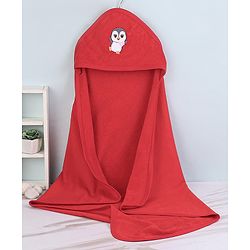 Babyhug Cotton Knit Hooded Bath Towel Penguin Embroidery L 80 x B 70 cm - Red