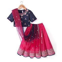 Babyhug Cotton Three Fourth Sleeve Choli With Abla Work Lehenga And Dupatta - Fuschia & Navy Blue