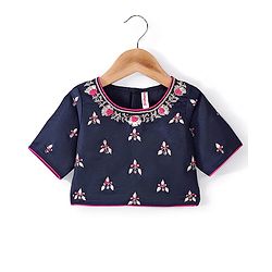 Babyhug Cotton Three Fourth Sleeve Choli With Abla Work Lehenga And Dupatta - Fuschia & Navy Blue