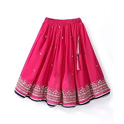 Babyhug Cotton Three Fourth Sleeve Choli With Abla Work Lehenga And Dupatta - Fuschia & Navy Blue