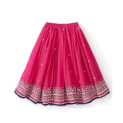 Babyhug Cotton Three Fourth Sleeve Choli With Abla Work Lehenga And Dupatta - Fuschia & Navy Blue