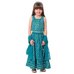 Babyhug Sleeveless Embroidered Choli & Lehenga Set With Dupatta - Teal Green