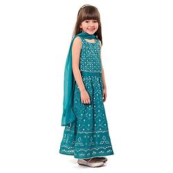 Babyhug Sleeveless Embroidered Choli & Lehenga Set With Dupatta - Teal Green