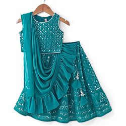 Babyhug Sleeveless Embroidered Choli & Lehenga Set With Dupatta - Teal Green