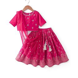 Babyhug Three Fourth Sleeves Floral Embroidered Choli & Lehenga Set With Dupatta - Fuchsia