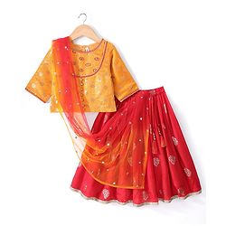 Babyhug Woven Three Fourth Lehenga Choli And Dupatta Floral Embroidered - Orange & Red