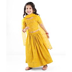 Babyhug Woven Three Fourth Lehenga Choli And Dupatta Floral Embroidery & Sequine Detailing - Yellow