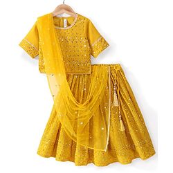 Babyhug Woven Three Fourth Lehenga Choli And Dupatta Floral Embroidery & Sequine Detailing - Yellow