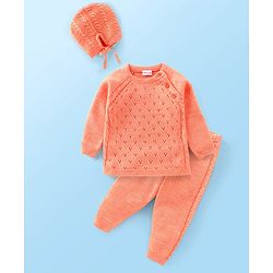 Babyhug Full Sleeves Sweater & Pajama Set with Knitted Design - Orange
