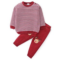 Babyhug Knitted Full Sleeves Baby Sweater Set with Stripes Design - Red