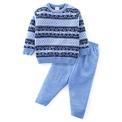 Babyhug Knitted Full Sleeves Sweater Set With Ikat Print - Blue