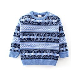 Babyhug Knitted Full Sleeves Sweater Set With Ikat Print - Blue