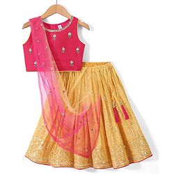 Babyhug Sleeveless Embroidered Choli with Sequenced Lehenga & Dupatta Set -Yellow & Red