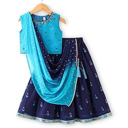 Babyhug Sleeveless Lehenga Choli & Dupatta Set with Floral Embroidery - Navy Blue