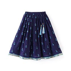 Babyhug Sleeveless Lehenga Choli & Dupatta Set with Floral Embroidery - Navy Blue