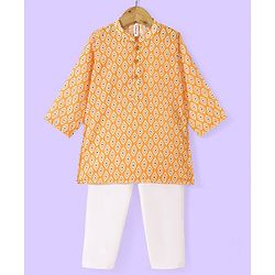 Babyhug 100% Cambric Three Full Printed Kurta With Solid Pyjama Set - Yellow
