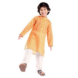 Babyhug 100% Cambric Three Full Printed Kurta With Solid Pyjama Set - Yellow