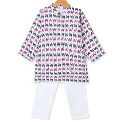 Babyhug 100% Cambric Full Sleeve Camel Printed Kurta With Solid Pyjama Set - White