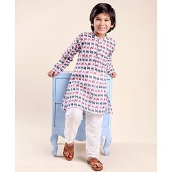 Babyhug 100% Cambric Full Sleeve Camel Printed Kurta With Solid Pyjama Set - White