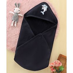 Babyhug Cotton Terry Knit Towel with Hood Dolphin Applique L 76.2 x B 76.2 cm - Navy Blue