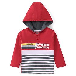 Babyhug 100% Cotton Full Sleeves Striped T-Shirt With Hood & Graphics - Red