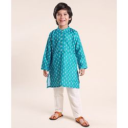 Babyhug 100% Cambric Full Sleeve Printed Kurta With Solid Pyjama Set - Teal Blue