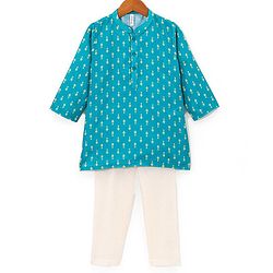Babyhug 100% Cambric Full Sleeve Printed Kurta With Solid Pyjama Set - Teal Blue