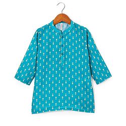 Babyhug 100% Cambric Full Sleeve Printed Kurta With Solid Pyjama Set - Teal Blue